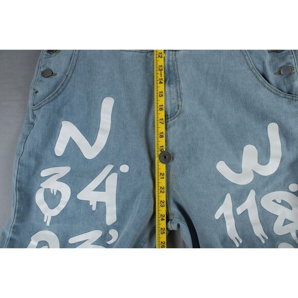 Manfinity Blue Denim Overalls White Lettering Mens XL Painted Graphic Light Wash - Picture 10 of 16